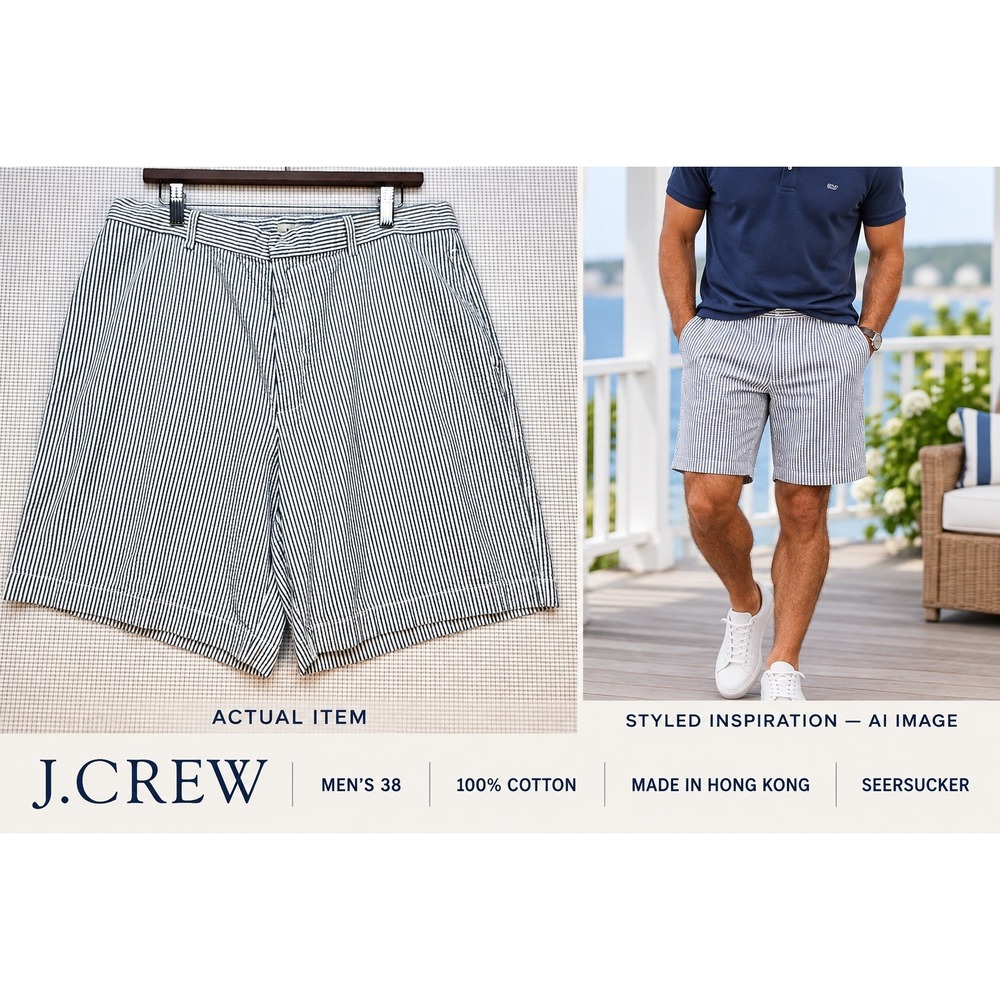 J.Crew Men's Seersucker Shorts Size 36 Blue White Striped cotton Preppy 9"